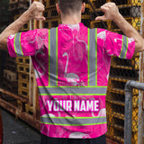 Hi Vis T Shirt Reflective Tapes Pink Neon White Flamingo Custom Name Safety Workwear For Workers, Truckers, Operators