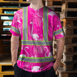Hi Vis T Shirt Reflective Tapes Pink Neon White Flamingo Custom Name Safety Workwear For Workers, Truckers, Operators