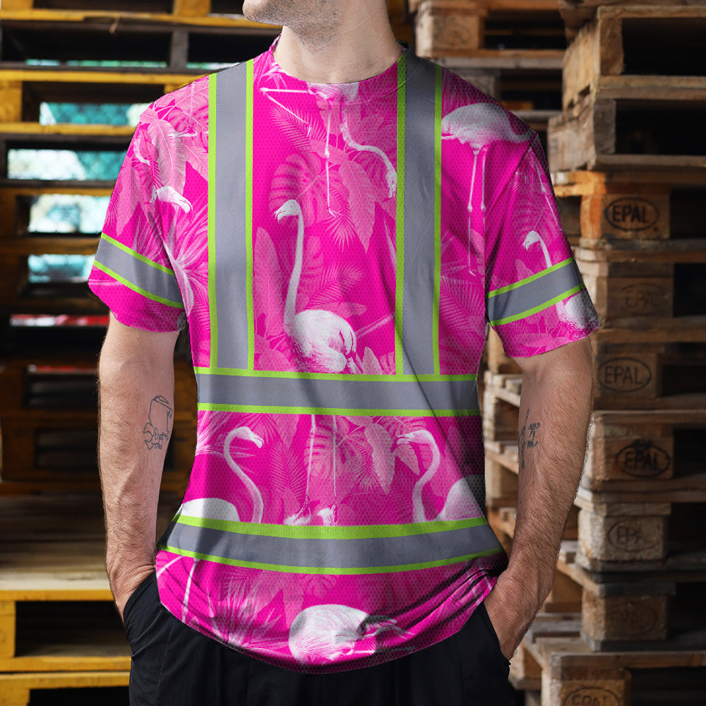 Hi Vis T Shirt Reflective Tapes Pink Neon White Flamingo Custom Name Safety Workwear For Workers, Truckers, Operators