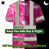 Hi Vis T Shirt Reflective Tapes Pink Neon White Flamingo Custom Name Safety Workwear For Workers, Truckers, Operators