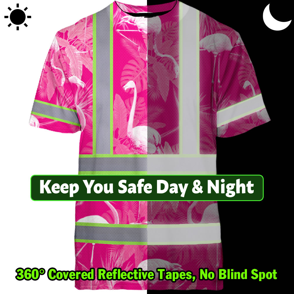 Hi Vis T Shirt Reflective Tapes Pink Neon White Flamingo Custom Name Safety Workwear For Workers, Truckers, Operators