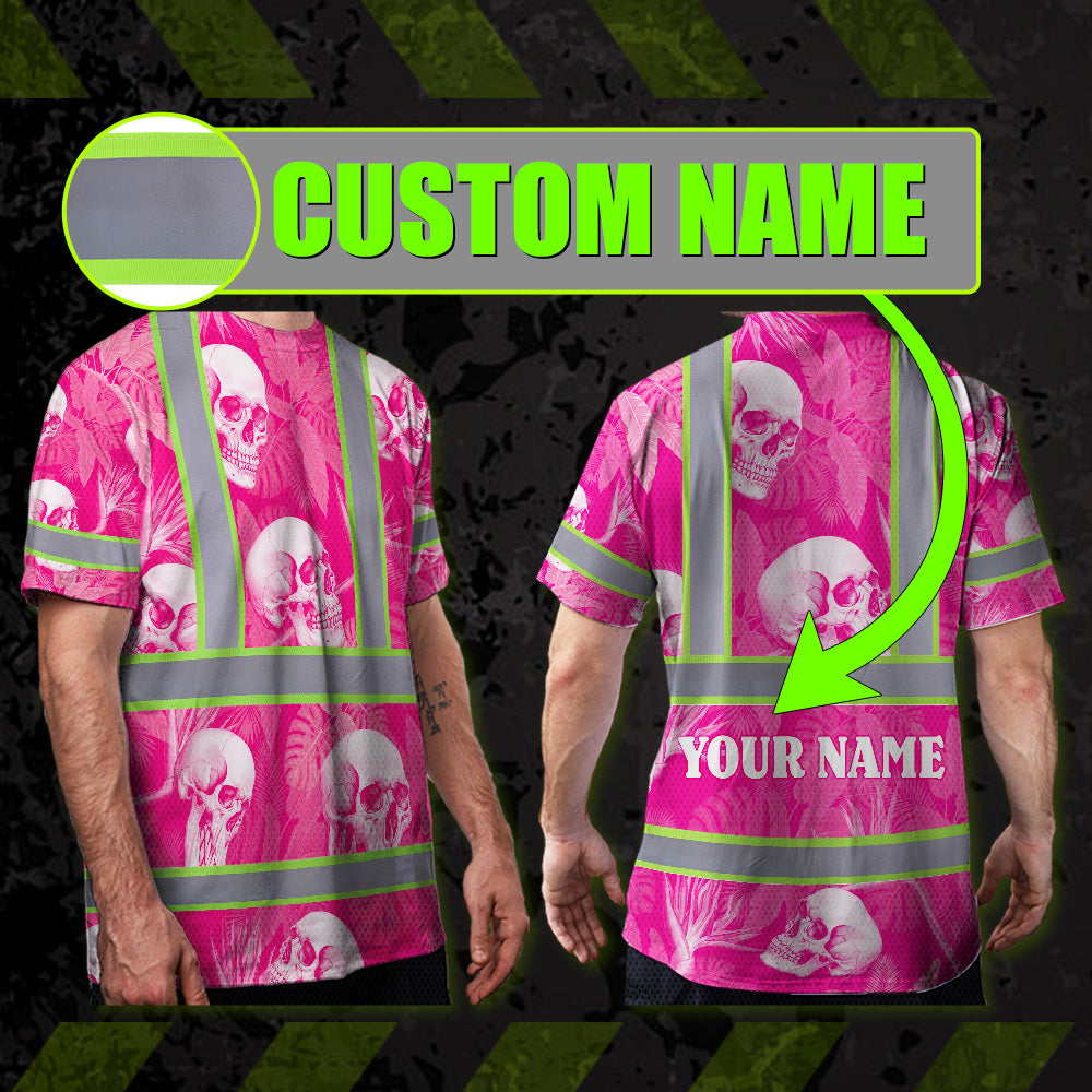 Hi Vis T Shirt Reflective Tapes Pink Neon White Skull Custom Name Safety Workwear For Workers, Truckers, Operators