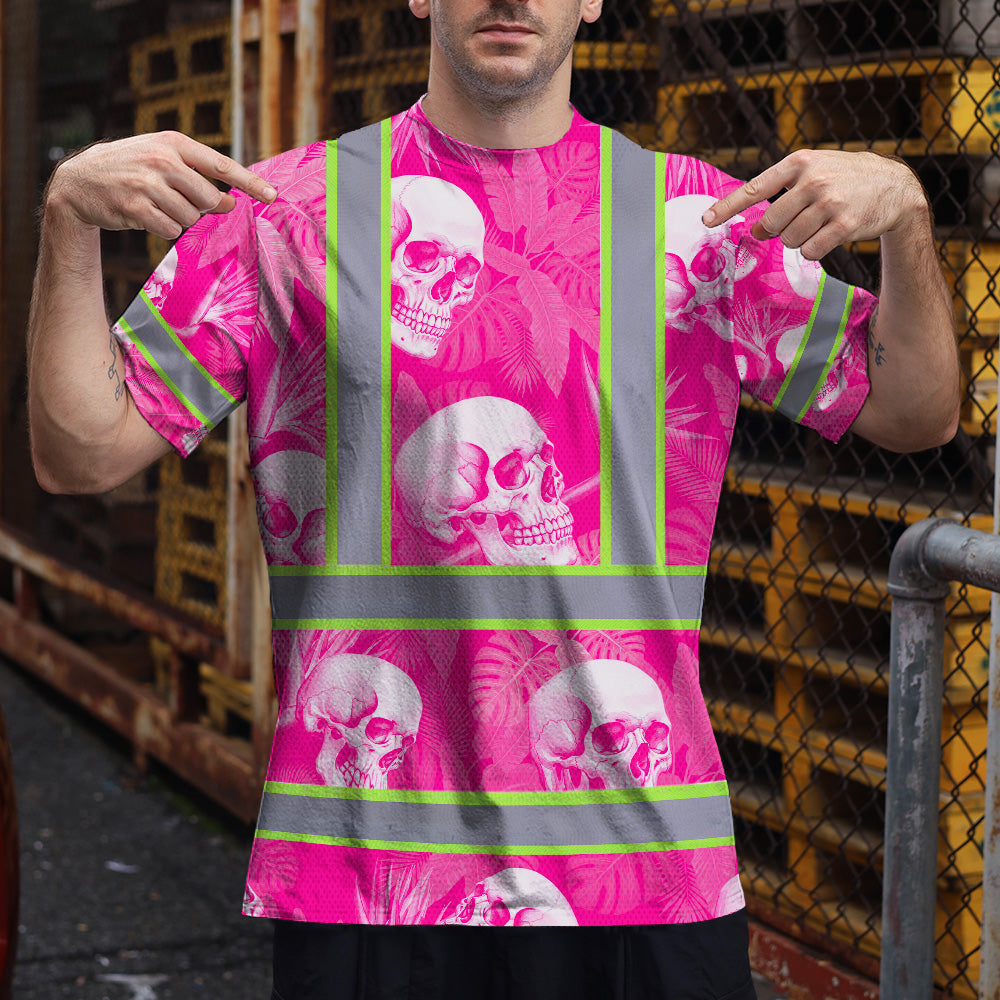 Hi Vis T Shirt Reflective Tapes Pink Neon White Skull Custom Name Safety Workwear For Workers, Truckers, Operators