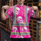 Hi Vis T Shirt Reflective Tapes Pink Neon White Skull Custom Name Safety Workwear For Workers, Truckers, Operators
