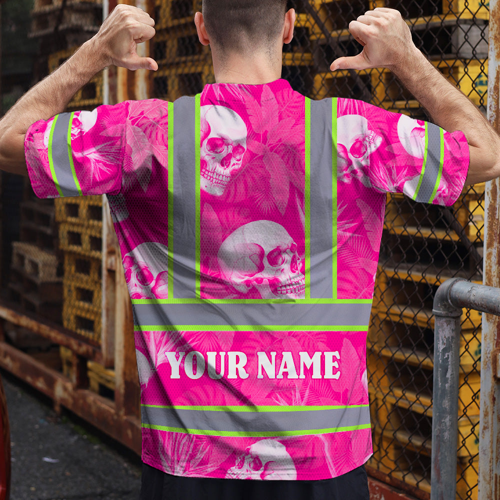 Hi Vis T Shirt Reflective Tapes Pink Neon White Skull Custom Name Safety Workwear For Workers, Truckers, Operators