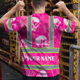 Hi Vis T Shirt Reflective Tapes Pink Neon White Skull Custom Name Safety Workwear For Workers, Truckers, Operators