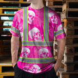 Hi Vis T Shirt Reflective Tapes Pink Neon White Skull Custom Name Safety Workwear For Workers, Truckers, Operators