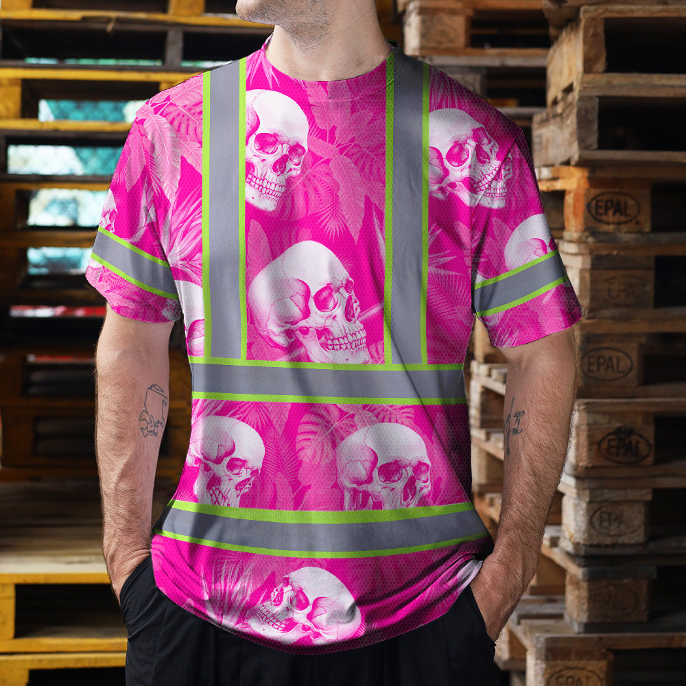 Hi Vis T Shirt Reflective Tapes Pink Neon White Skull Custom Name Safety Workwear For Workers, Truckers, Operators