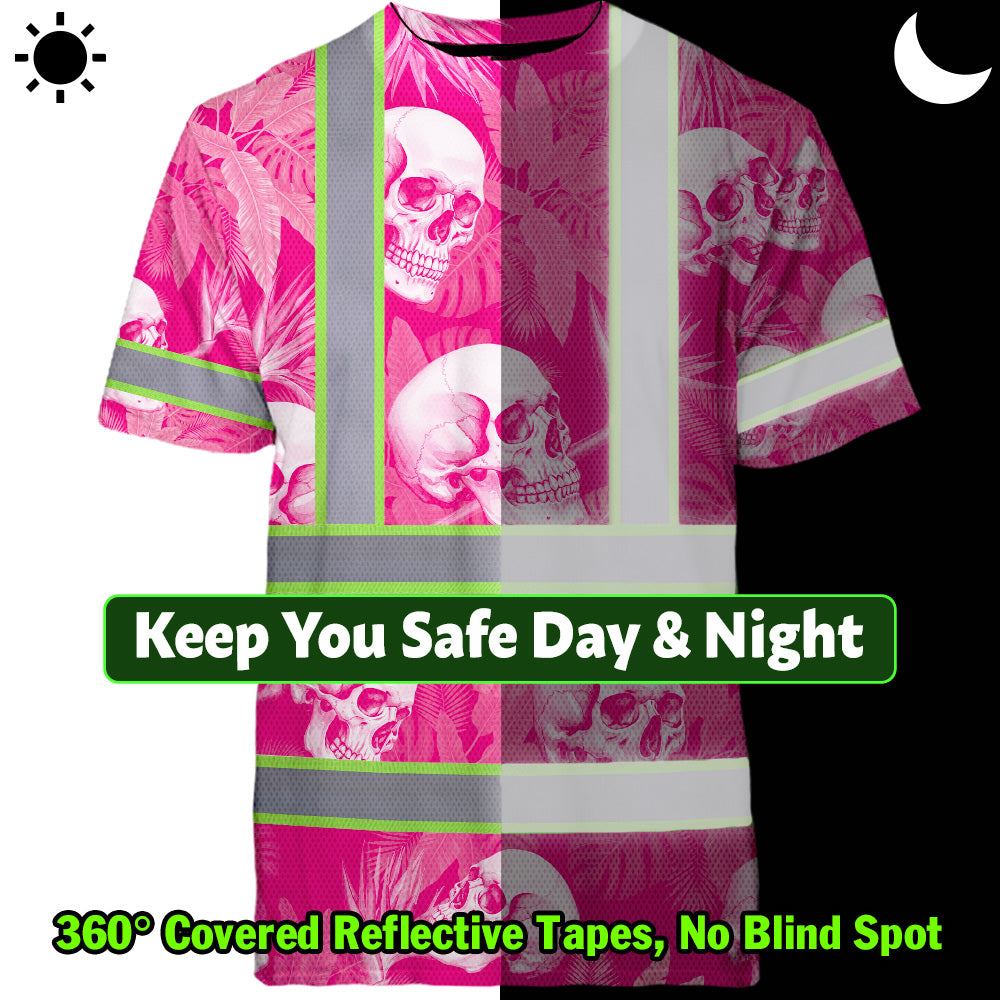 Hi Vis T Shirt Reflective Tapes Pink Neon White Skull Custom Name Safety Workwear For Workers, Truckers, Operators
