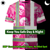 Hi Vis T Shirt Reflective Tapes Pink Neon White Skull Custom Name Safety Workwear For Workers, Truckers, Operators