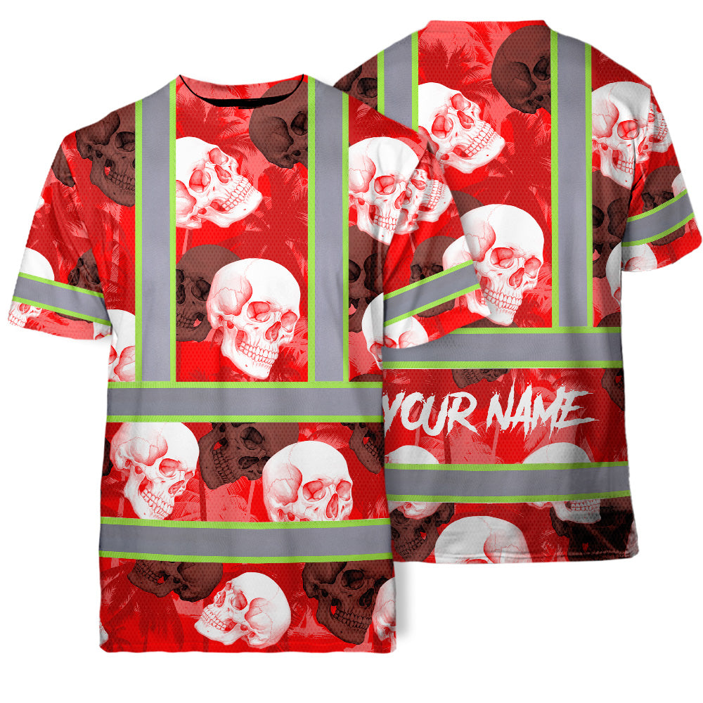 Hi Vis T Shirt Reflective Tapes Red Neon White Skull Custom Name Safety Workwear For Workers, Truckers, Operators