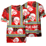Hi Vis T Shirt Reflective Tapes Red Neon White Skull Custom Name Safety Workwear For Workers, Truckers, Operators