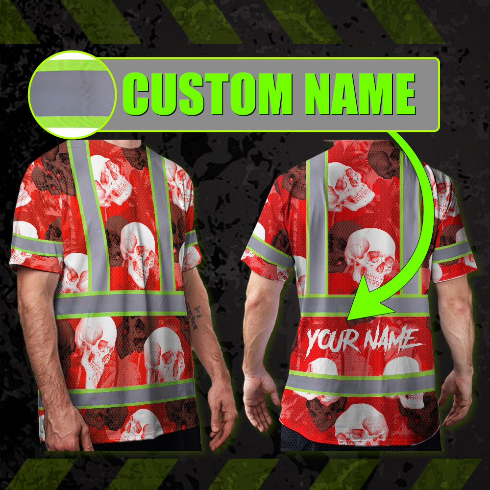 Hi Vis T Shirt Reflective Tapes Red Neon White Skull Custom Name Safety Workwear For Workers, Truckers, Operators