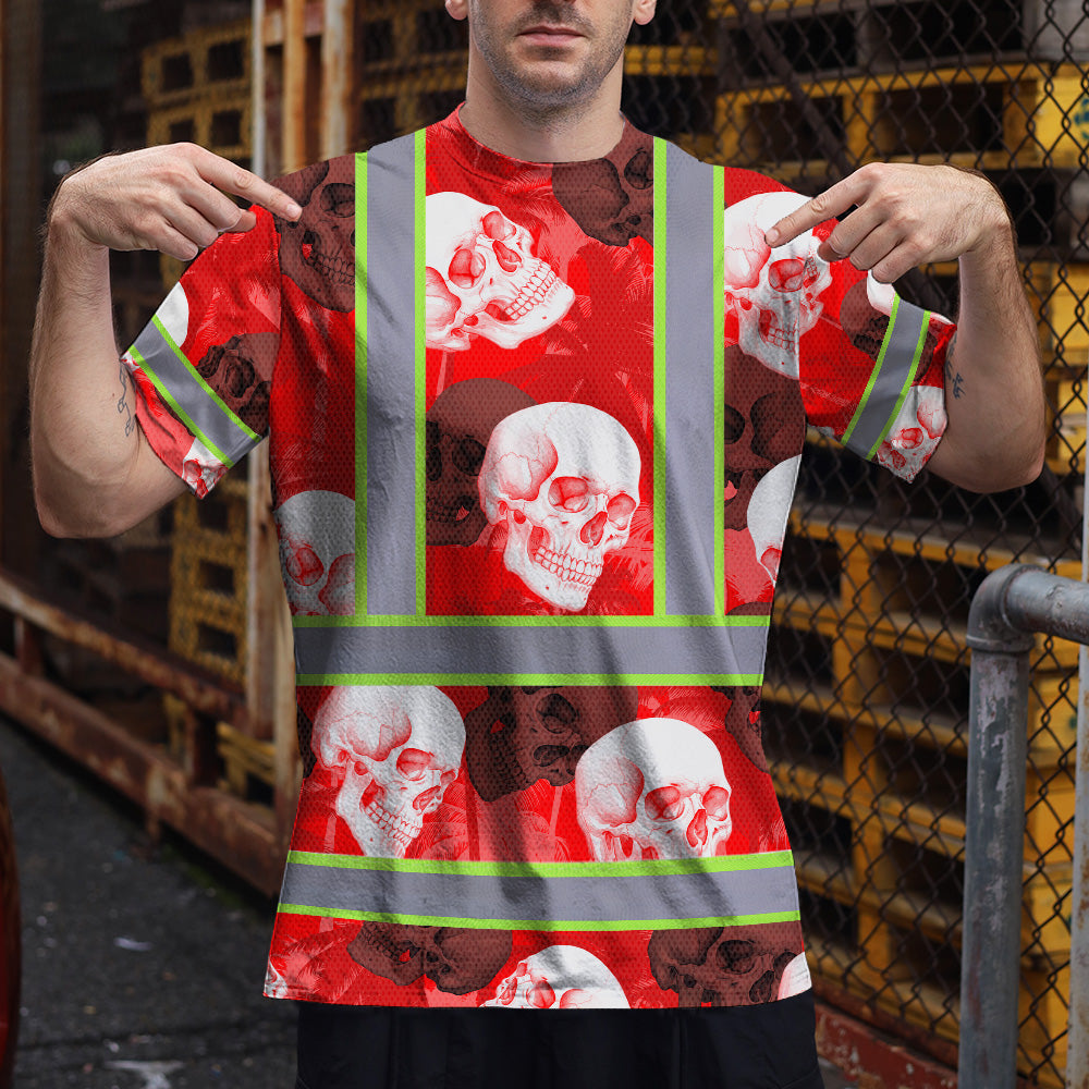 Hi Vis T Shirt Reflective Tapes Red Neon White Skull Custom Name Safety Workwear For Workers, Truckers, Operators