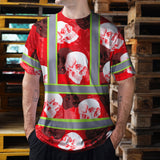 Hi Vis T Shirt Reflective Tapes Red Neon White Skull Custom Name Safety Workwear For Workers, Truckers, Operators