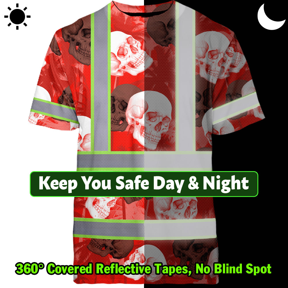 Hi Vis T Shirt Reflective Tapes Red Neon White Skull Custom Name Safety Workwear For Workers, Truckers, Operators