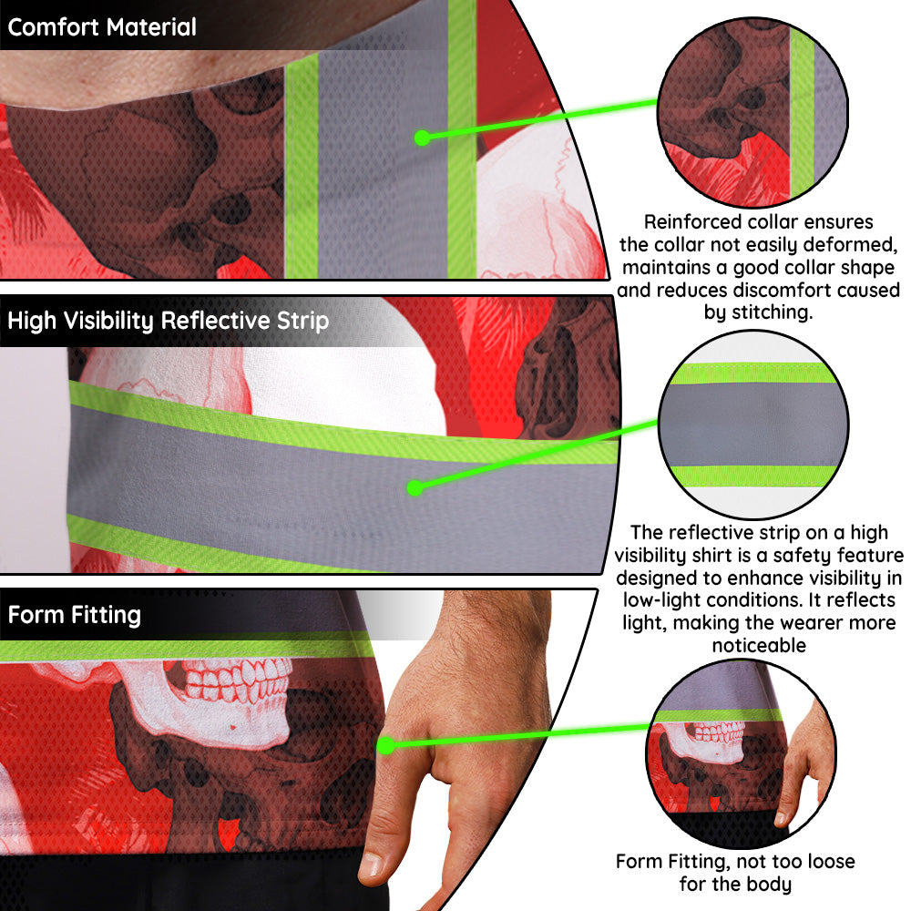 Hi Vis T Shirt Reflective Tapes Red Neon White Skull Custom Name Safety Workwear For Workers, Truckers, Operators