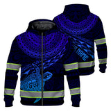 Hi Vis Zip Hoodie Reflective Blue Neon Gradient Hawaii Turtle Custom Name Safety Workwear For Workers, Runners, Cyclists, Patriotic