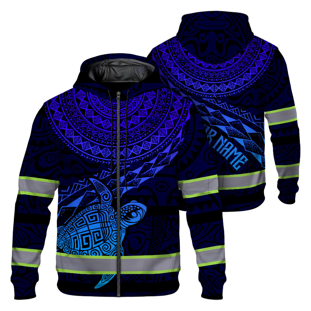 Hi Vis Zip Hoodie Reflective Blue Neon Gradient Hawaii Turtle Custom Name Safety Workwear For Workers, Runners, Cyclists, Patriotic