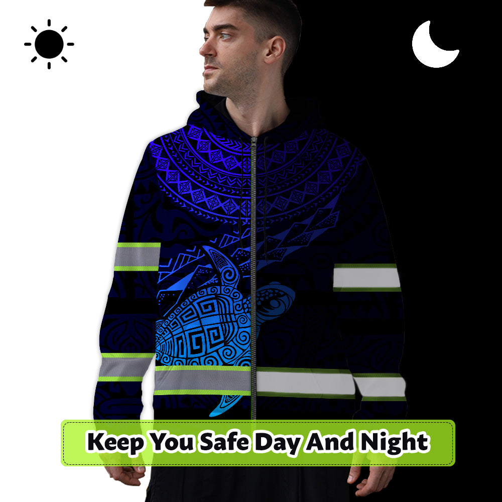Hi Vis Zip Hoodie Reflective Blue Neon Gradient Hawaii Turtle Custom Name Safety Workwear For Workers, Runners, Cyclists, Patriotic