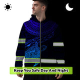 Hi Vis Zip Hoodie Reflective Blue Neon Gradient Hawaii Turtle Custom Name Safety Workwear For Workers, Runners, Cyclists, Patriotic