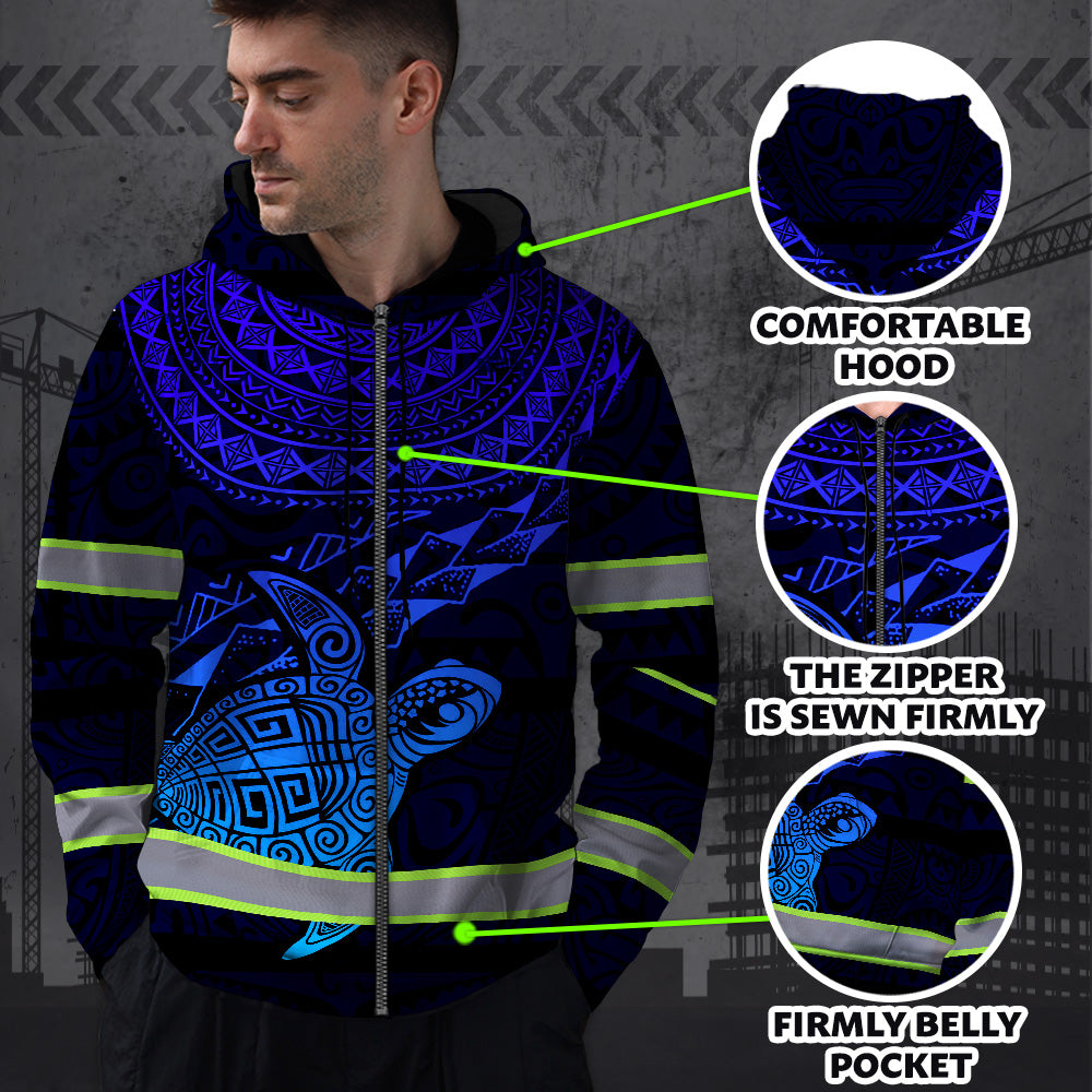 Hi Vis Zip Hoodie Reflective Blue Neon Gradient Hawaii Turtle Custom Name Safety Workwear For Workers, Runners, Cyclists, Patriotic