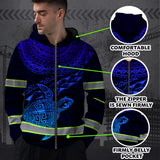 Hi Vis Zip Hoodie Reflective Blue Neon Gradient Hawaii Turtle Custom Name Safety Workwear For Workers, Runners, Cyclists, Patriotic
