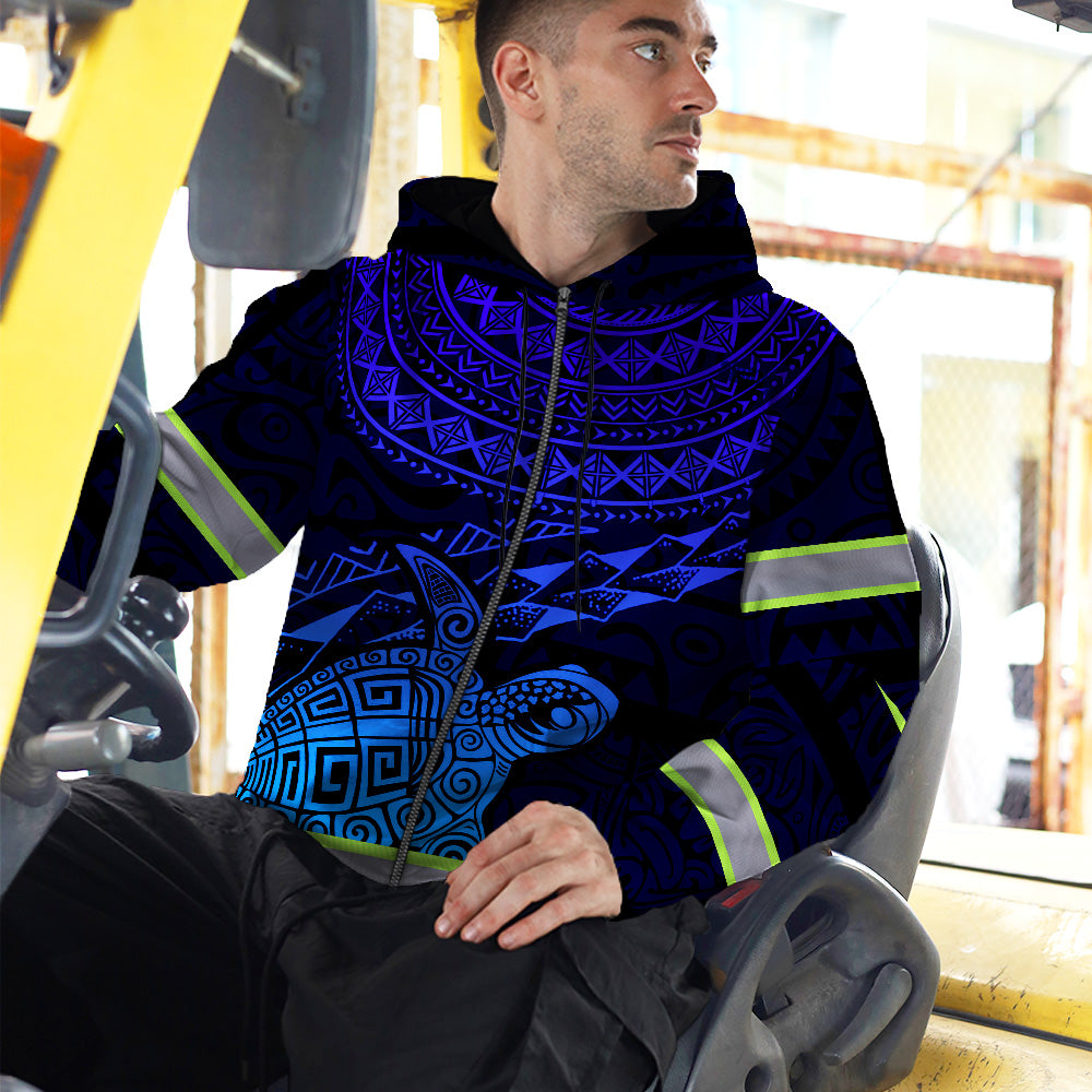 Hi Vis Zip Hoodie Reflective Blue Neon Gradient Hawaii Turtle Custom Name Safety Workwear For Workers, Runners, Cyclists, Patriotic