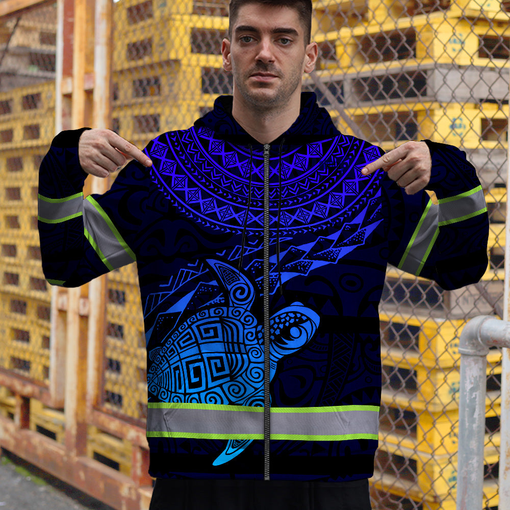 Hi Vis Zip Hoodie Reflective Blue Neon Gradient Hawaii Turtle Custom Name Safety Workwear For Workers, Runners, Cyclists, Patriotic