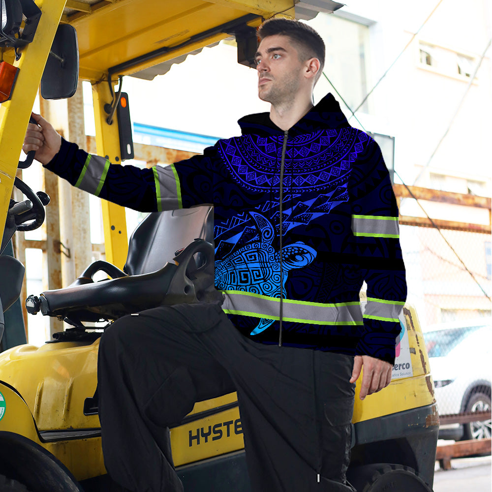Hi Vis Zip Hoodie Reflective Blue Neon Gradient Hawaii Turtle Custom Name Safety Workwear For Workers, Runners, Cyclists, Patriotic