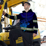 Hi Vis Zip Hoodie Reflective Blue Neon Gradient Hawaii Turtle Custom Name Safety Workwear For Workers, Runners, Cyclists, Patriotic