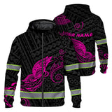 Hi Vis Zip Hoodie Reflective Pink Neon Butterfly Hawaii Polynesian Custom Name Safety Workwear For Workers, Runners, Cyclists, Patriotic
