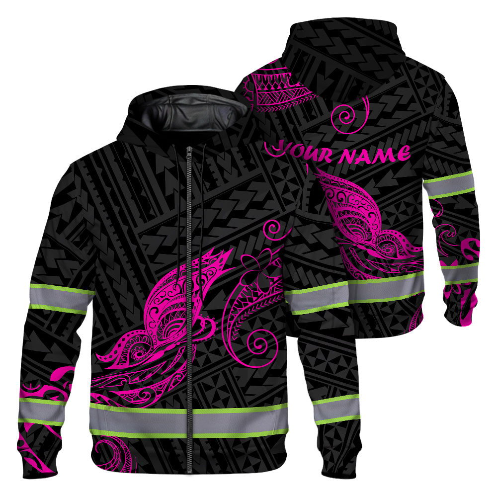 Hi Vis Zip Hoodie Reflective Pink Neon Butterfly Hawaii Polynesian Custom Name Safety Workwear For Workers, Runners, Cyclists, Patriotic