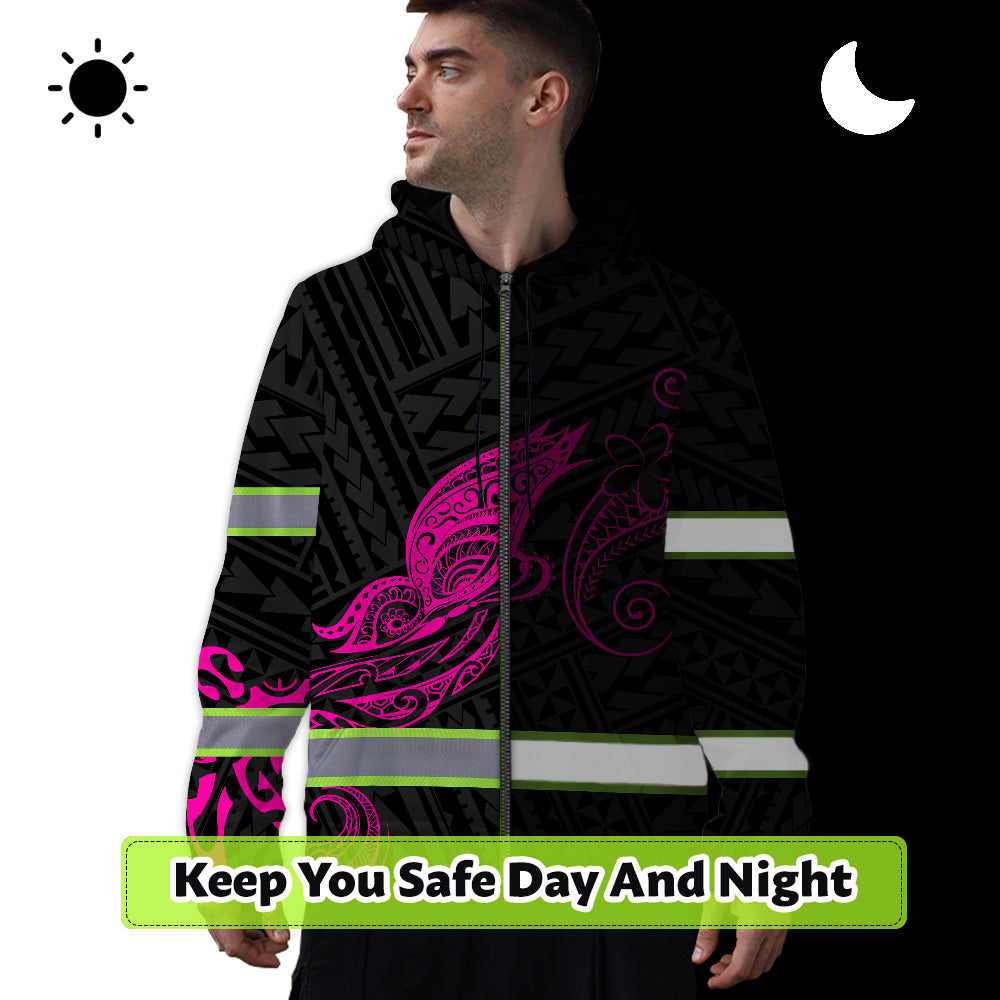 Hi Vis Zip Hoodie Reflective Pink Neon Butterfly Hawaii Polynesian Custom Name Safety Workwear For Workers, Runners, Cyclists, Patriotic