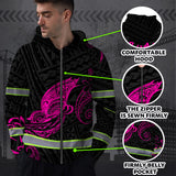 Hi Vis Zip Hoodie Reflective Pink Neon Butterfly Hawaii Polynesian Custom Name Safety Workwear For Workers, Runners, Cyclists, Patriotic