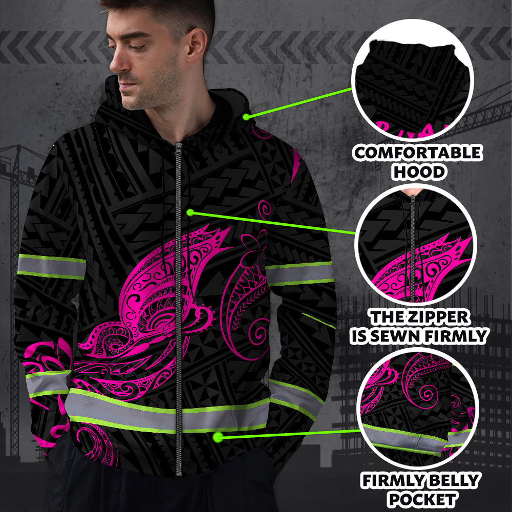 Hi Vis Zip Hoodie Reflective Pink Neon Butterfly Hawaii Polynesian Custom Name Safety Workwear For Workers, Runners, Cyclists, Patriotic