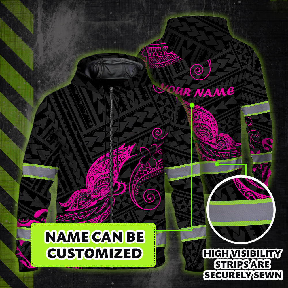 Hi Vis Zip Hoodie Reflective Pink Neon Butterfly Hawaii Polynesian Custom Name Safety Workwear For Workers, Runners, Cyclists, Patriotic