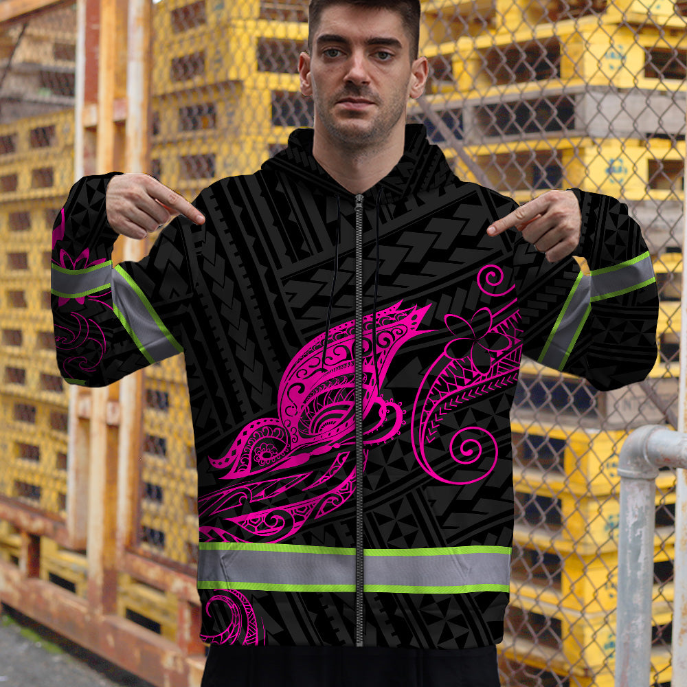 Hi Vis Zip Hoodie Reflective Pink Neon Butterfly Hawaii Polynesian Custom Name Safety Workwear For Workers, Runners, Cyclists, Patriotic