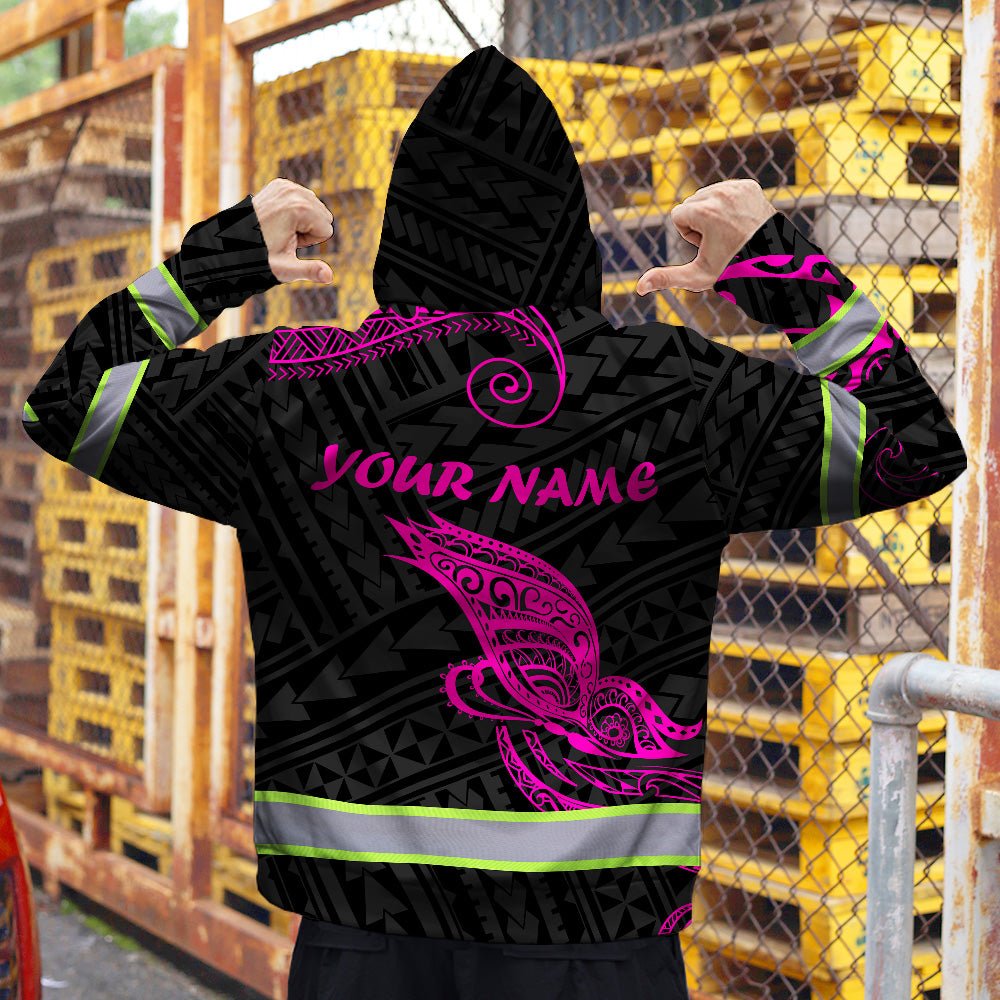 Hi Vis Zip Hoodie Reflective Pink Neon Butterfly Hawaii Polynesian Custom Name Safety Workwear For Workers, Runners, Cyclists, Patriotic
