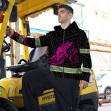 Hi Vis Zip Hoodie Reflective Pink Neon Butterfly Hawaii Polynesian Custom Name Safety Workwear For Workers, Runners, Cyclists, Patriotic