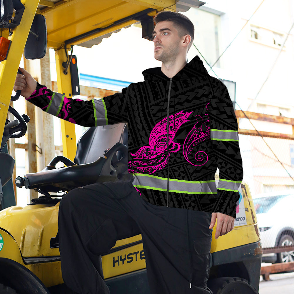 Hi Vis Zip Hoodie Reflective Pink Neon Butterfly Hawaii Polynesian Custom Name Safety Workwear For Workers, Runners, Cyclists, Patriotic