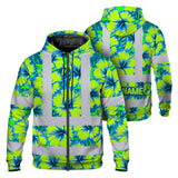 Hi Vis Zip Hoodie Reflective Tapes Blue Neon And Green Flowers Custom Name Safety Workwear For Workers, Truckers, Operators