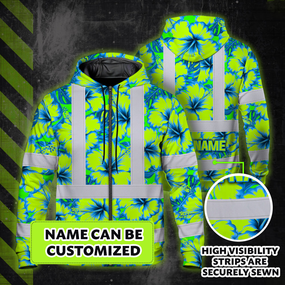 Hi Vis Zip Hoodie Reflective Tapes Blue Neon And Green Flowers Custom Name Safety Workwear For Workers, Truckers, Operators