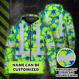 Hi Vis Zip Hoodie Reflective Tapes Blue Neon And Green Flowers Custom Name Safety Workwear For Workers, Truckers, Operators