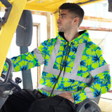 Hi Vis Zip Hoodie Reflective Tapes Blue Neon And Green Flowers Custom Name Safety Workwear For Workers, Truckers, Operators