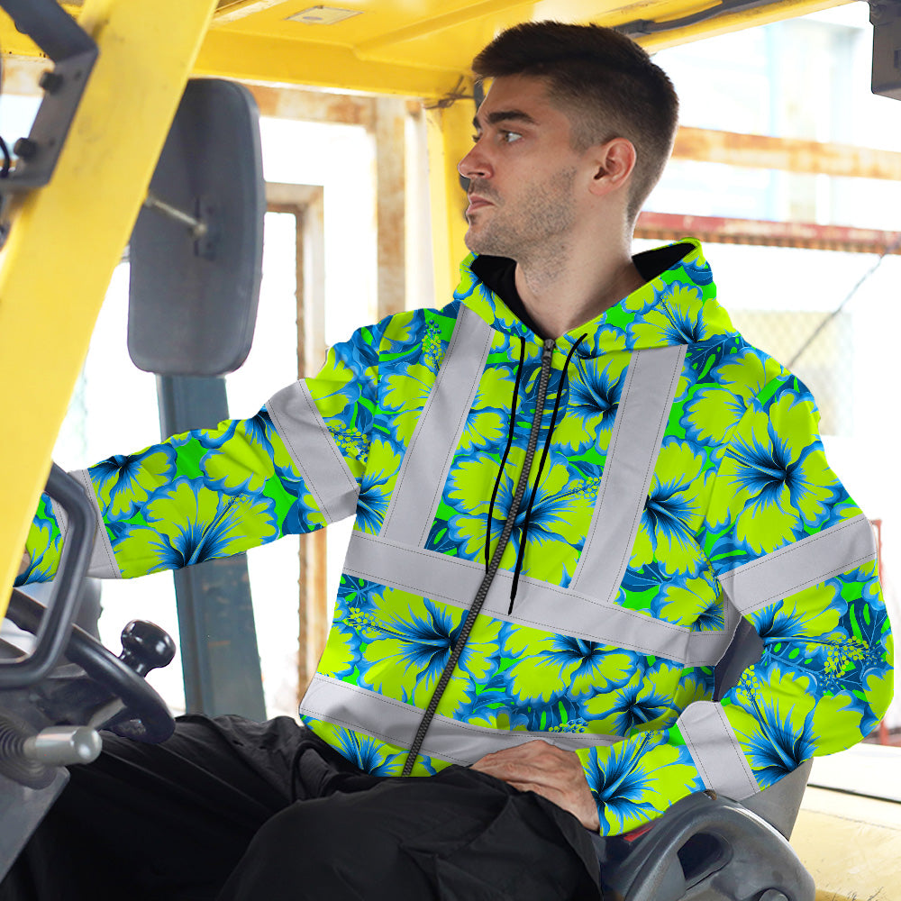 Hi Vis Zip Hoodie Reflective Tapes Blue Neon And Green Flowers Custom Name Safety Workwear For Workers, Truckers, Operators