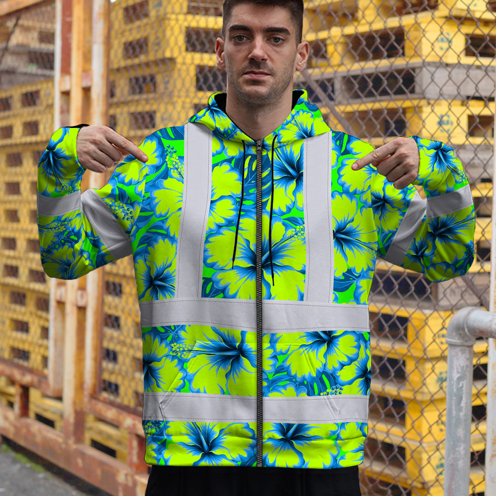 Hi Vis Zip Hoodie Reflective Tapes Blue Neon And Green Flowers Custom Name Safety Workwear For Workers, Truckers, Operators