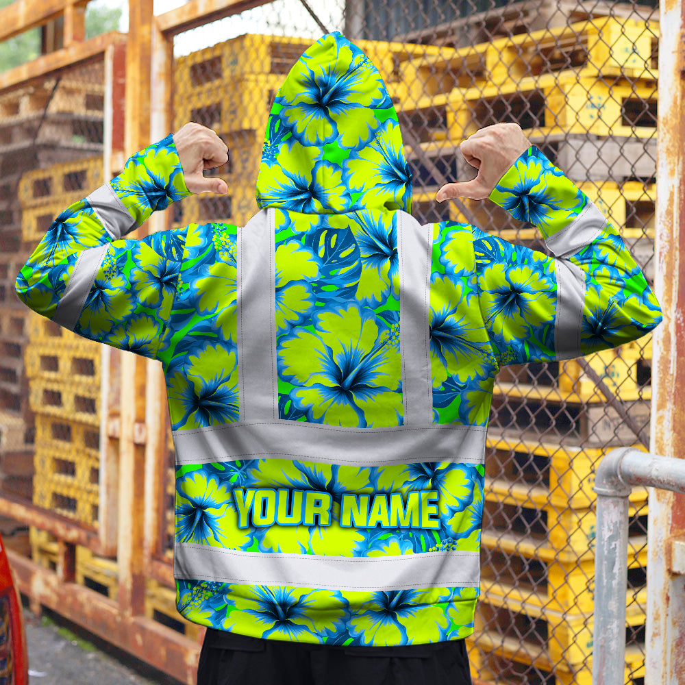 Hi Vis Zip Hoodie Reflective Tapes Blue Neon And Green Flowers Custom Name Safety Workwear For Workers, Truckers, Operators