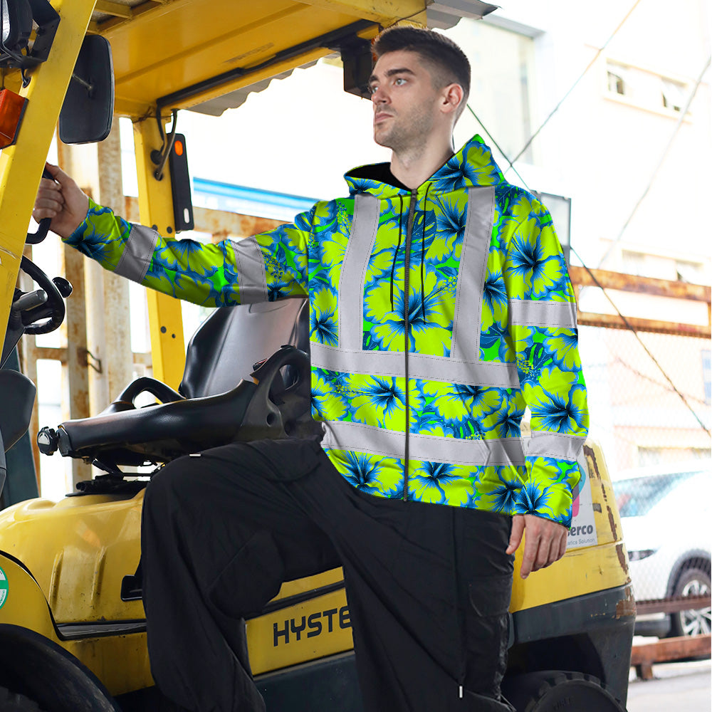 Hi Vis Zip Hoodie Reflective Tapes Blue Neon And Green Flowers Custom Name Safety Workwear For Workers, Truckers, Operators