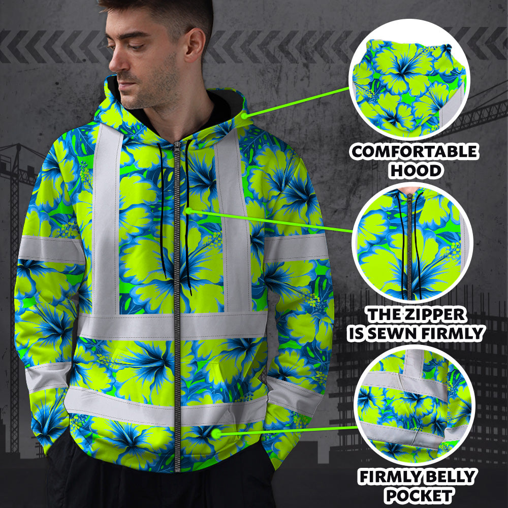 Hi Vis Zip Hoodie Reflective Tapes Blue Neon And Green Flowers Custom Name Safety Workwear For Workers, Truckers, Operators